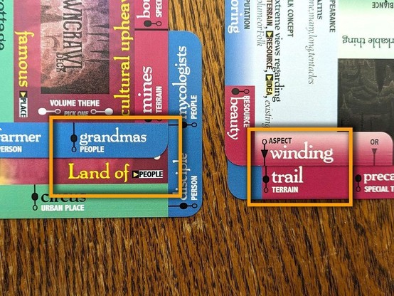 A spread of Downcrawl Deck cards showing the combined prompts "Land of + grandmas," and "winding + trail."