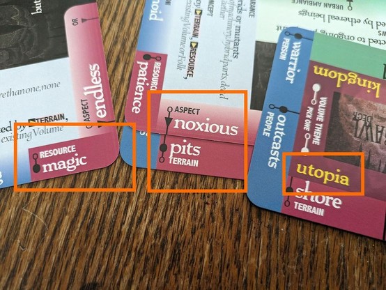 Downcrawl Deck cards showing Resource: Magic, Terrain: noxious pits, Theme: utopia.