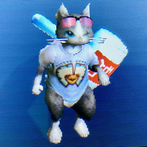 Palico in MH4U with shades, a kut ku t-shirt, and an oversized hammer from the Uniqlo event quest