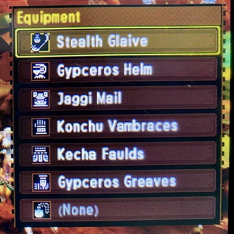 Equipment * Stealth Glaive Gypceros Helm Jaggi Mail Konchu Vambraces Kecha Faulds Gypceros Greaves