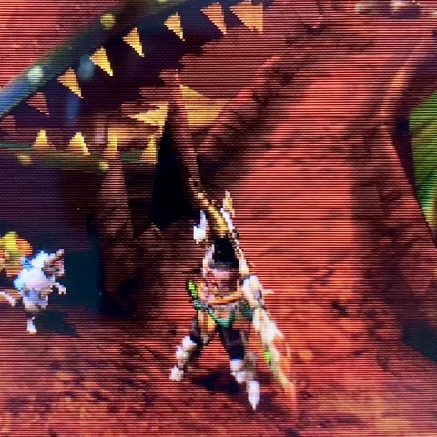 Hunter in MH4U pumping their fist in front of the arluq- wearing some new gear
