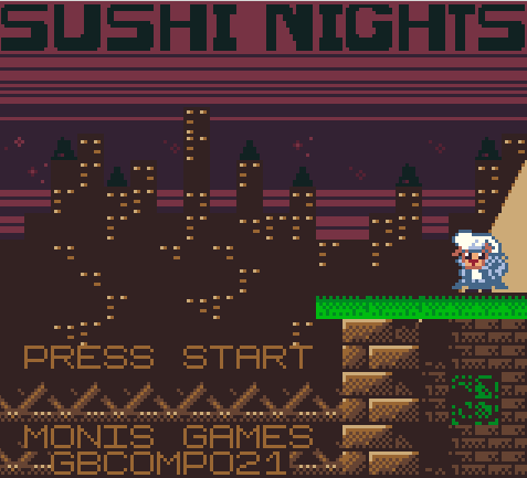 Screenshot of Sushi Nights game by Monis Games 2021 showing the player character in a trenchcoat under a street light with a cityscape background and noir setting - colorized Game gear version