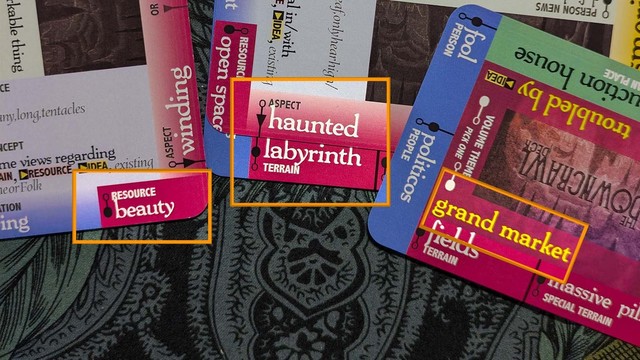 A spread of Downcrawl Deck cards showing the result: Resource: Beauty, Terrain: Haunted labyrinth, Theme: Grand Market.