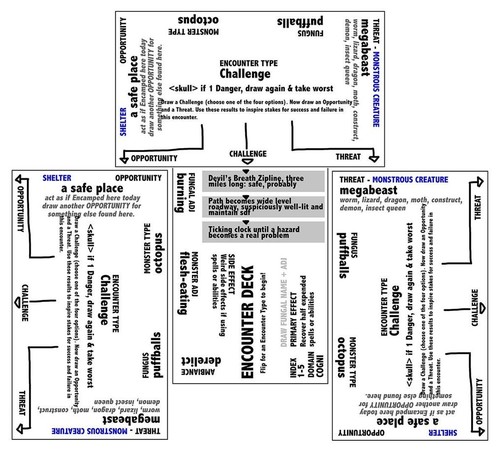 Prototype cards show a central "Challenge" card instructing you to place three additional cards beneath it: an Opportunity ("a safe place"), a Challenge ("Devil's Breath Zipline: three miles long, safe, probably"), and a Threat ("megabeast"). The cards are arranged such that different challenge types prompt you to arrange cards in different ways.