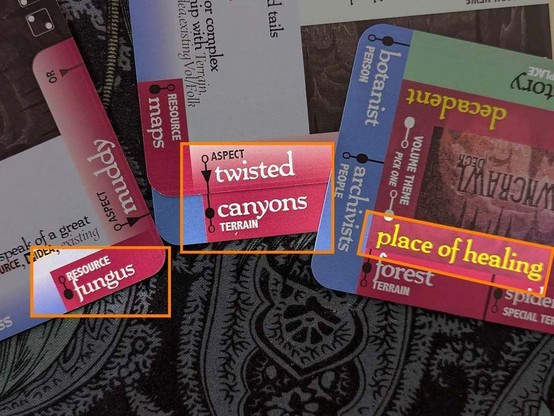 A spread of Downcrawl Deck cards showing the prompts Resource: Fungus, Aspect: Twisted + Canyons, and Theme: Place of healing.