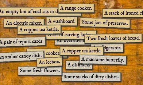 A screenshot of 18 Cadence shows scraps of text describing objects from the house's history, including "An electric mixer"; "A pair of report cards"; "Some stacks of dirty dishes."