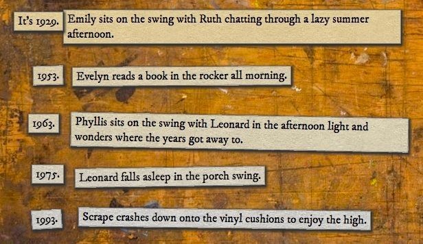 Screenshot of 18 Cadence shows a series of vignettes of people reading, such as "Phyllis sits on the swing with Leonard in the afternoon light and wonders where the years got away to."