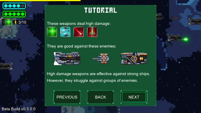 A screenshot of Potatostrike, showcasing one of the new Tutorial sections.

It explains which weapons are good against large, strong enemies. It also mentions that these weapons are also weak against groups of enemies.

A playable tutorial is planned for development later down the line, with this written one helping to complement it, as well as work as a reminder for players.