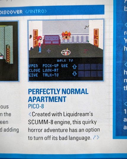 Screenshot of a retro point and click adventure game "Perfectly Normal Apartment", with the info saying: "Created with Liquidream's SCUMM-8 engine, this quirky horror adventure has an option to turn off its bad language."