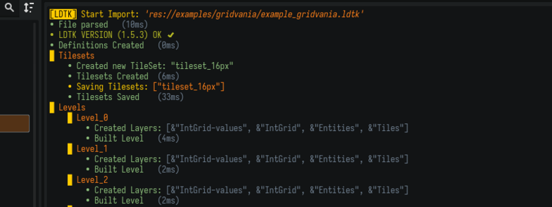 A screenshot of Godot's Editor, showcasing rich-text in the Output window for my LDtk importer tool.