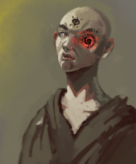 Digital portrait painting of androgynous person with magical red vortex where their left eye used to be. There is also an eye tattooed on their forehead.