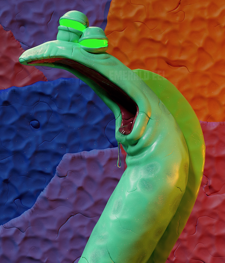 A turquoise-coloured cartoon eel with glowing emerald eyes, with a gormless expression on his face. Drool drips from his mouth. Everything except the eyes and drool are made from a clay material, peppered with fingerprints and folds.