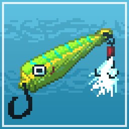 Pixel art of a green and yellow fishing lure 