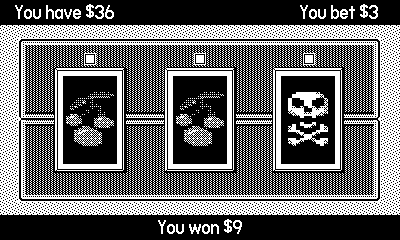 Screenshot of the Playdate game One-Armed Space Bandit, showing a slot machine with two cherries and a skull.