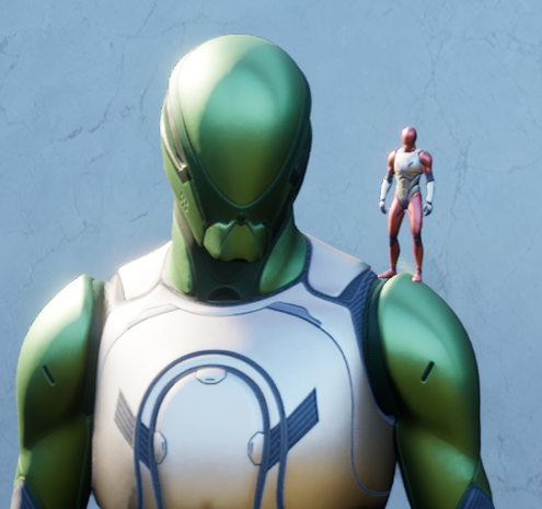 A green Manny model with a red mini-Manny on his shoulder