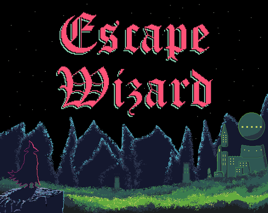 A pixel art picture of the game Escape Wizard. In the lower left a wizard stands looking out over a tortured landscape and a starry night sky. A small town inhabits the lower right corner of the image.