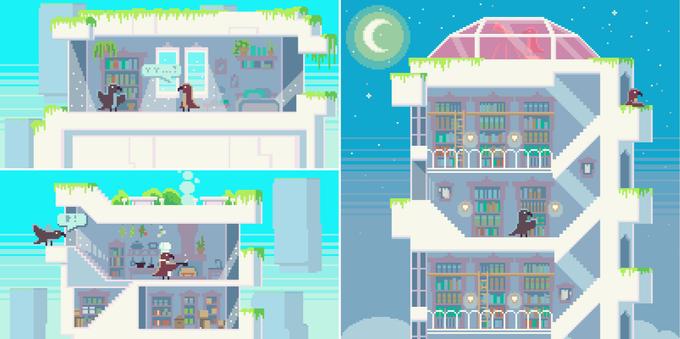 3 pixel art pictures, 2 backgrounds of 200*100 pixels, and a bigger one 200*200 pixels, 3 different buildings, the bird room, the kitchen and the library 