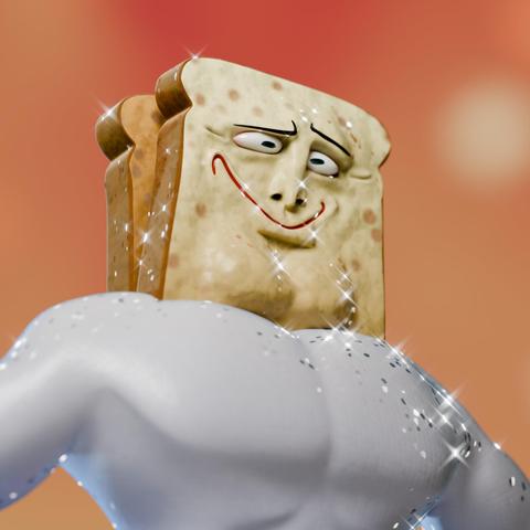 A 3D render of Powdered Toast Man from Ren & Stimpy. The render is cropped to his torso and head. He is smiling down and partly away from the viewer with a big grin that almost looks like wincing. His chest is adorned in a light-gray spandex superhero suit, and his head is made of two skewed pieces of toast. His head and suit are sparkly on the edge. He is in front of a blotted orange background.