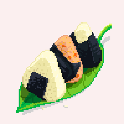 A pixel art picture of a Japanese dish: 3 onigiri on a leaf