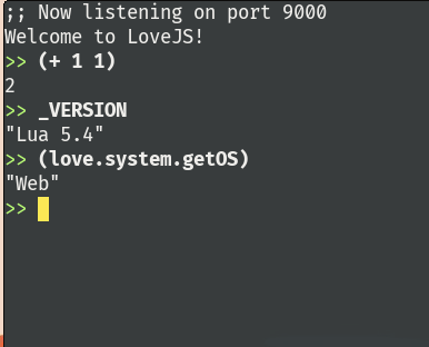 Screenshot of a REPL being hosted via Love2D compiled for the web running on Lua5.4