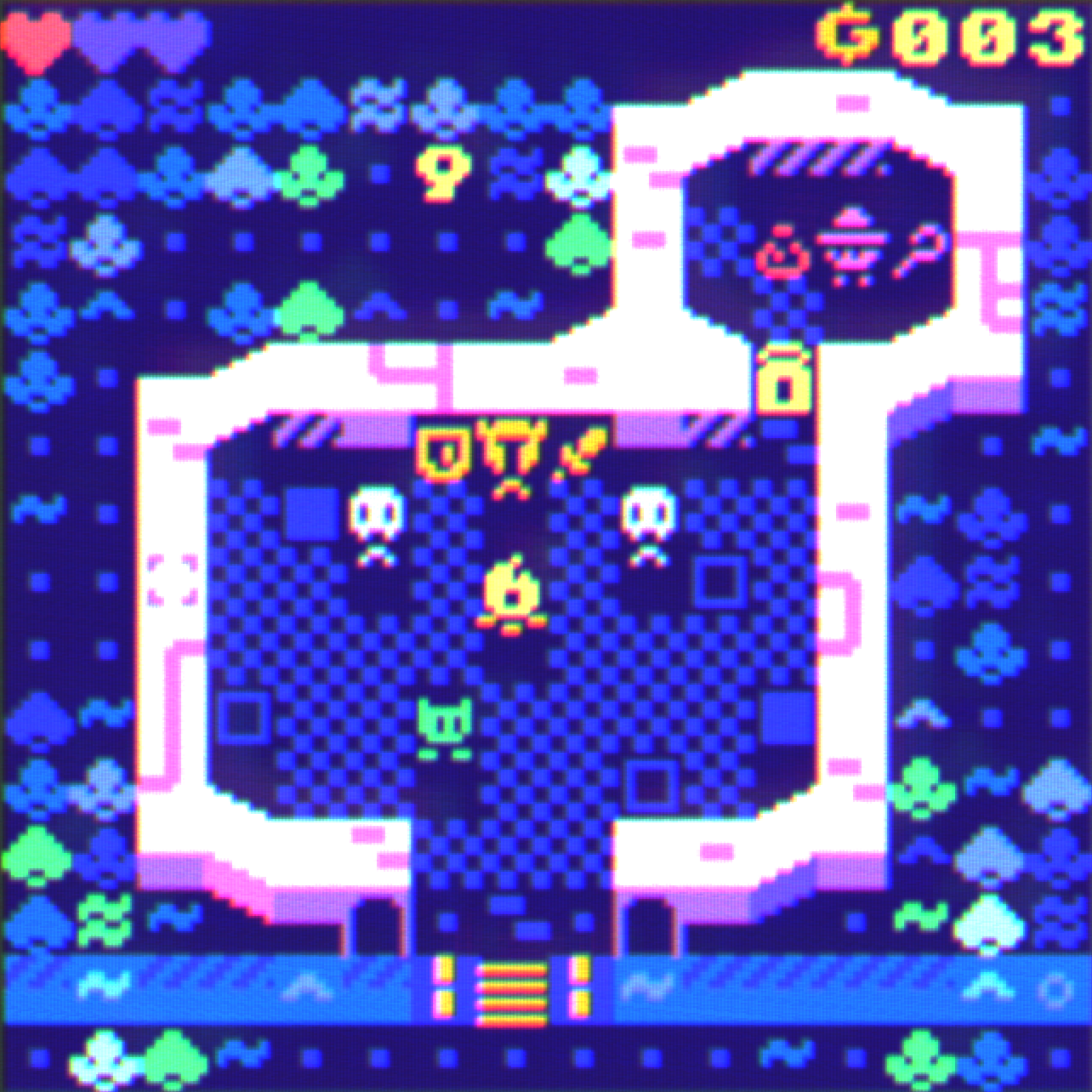 Mockup of a top-down ASCII-art game, that shows a knight, two skeletons and a goblin surrounding a campfire, inside a fort. Behind a locked door there's a wizard holding a cane and a potion. The UI at the top shows 1 out of 3 full hearts, a counter with the value $003. Outside, a golden key can be seen amidst the woods.