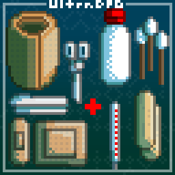 Pixel art of items in a first aid kit. There's a bottle of alcohol, a band aid, a square band aid, thermometer, gauze, medical wrap, scissors, cotton, and tongue depressors.