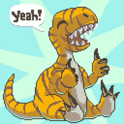 A pixel art picture of Petit Grou my little velociraptor plushie, smiling with a speech bubble saying "YEAH!"