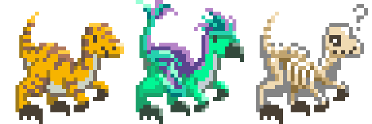3 pixel art pictures of my velociraptor plushy, yellow with brown stripes, green and purple with feathers, and transparent with bones