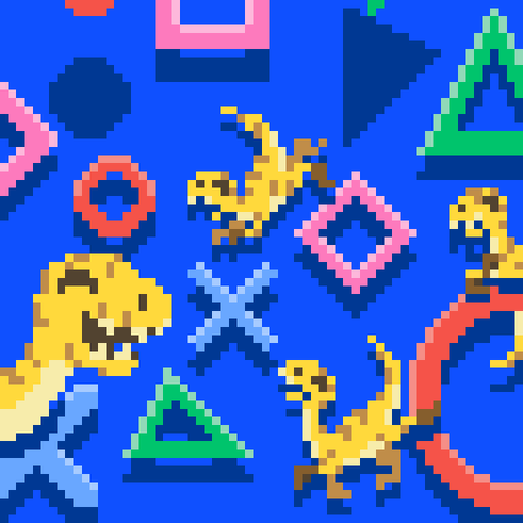A pixel art picture of Petit Grou my little velociraptor plushie in different positions before the playstation symbols 
