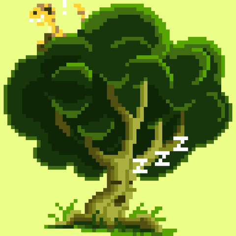 A pixel art picture of Petit Grou my little velociraptor plushie, on top an asleep tree.
32*32 pixels
