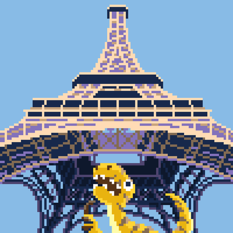 A pixel art picture of Petit Grou my little velociraptor plushie, under the Eiffel Tower 
100*100 Pixels, 13 colors
