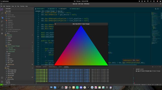 A Screenshot of my computer running the first GPu sample with vala and my SDL3 bindings. Just shows a simple mutilcolored triangle.

It was a bit hard but it was worth it!