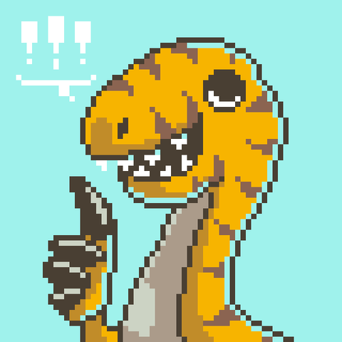 A pixel art portrait of Petit Grou my little velociraptor plushie, smiling and "thumb"up
32*32 pixels, 8 colors 