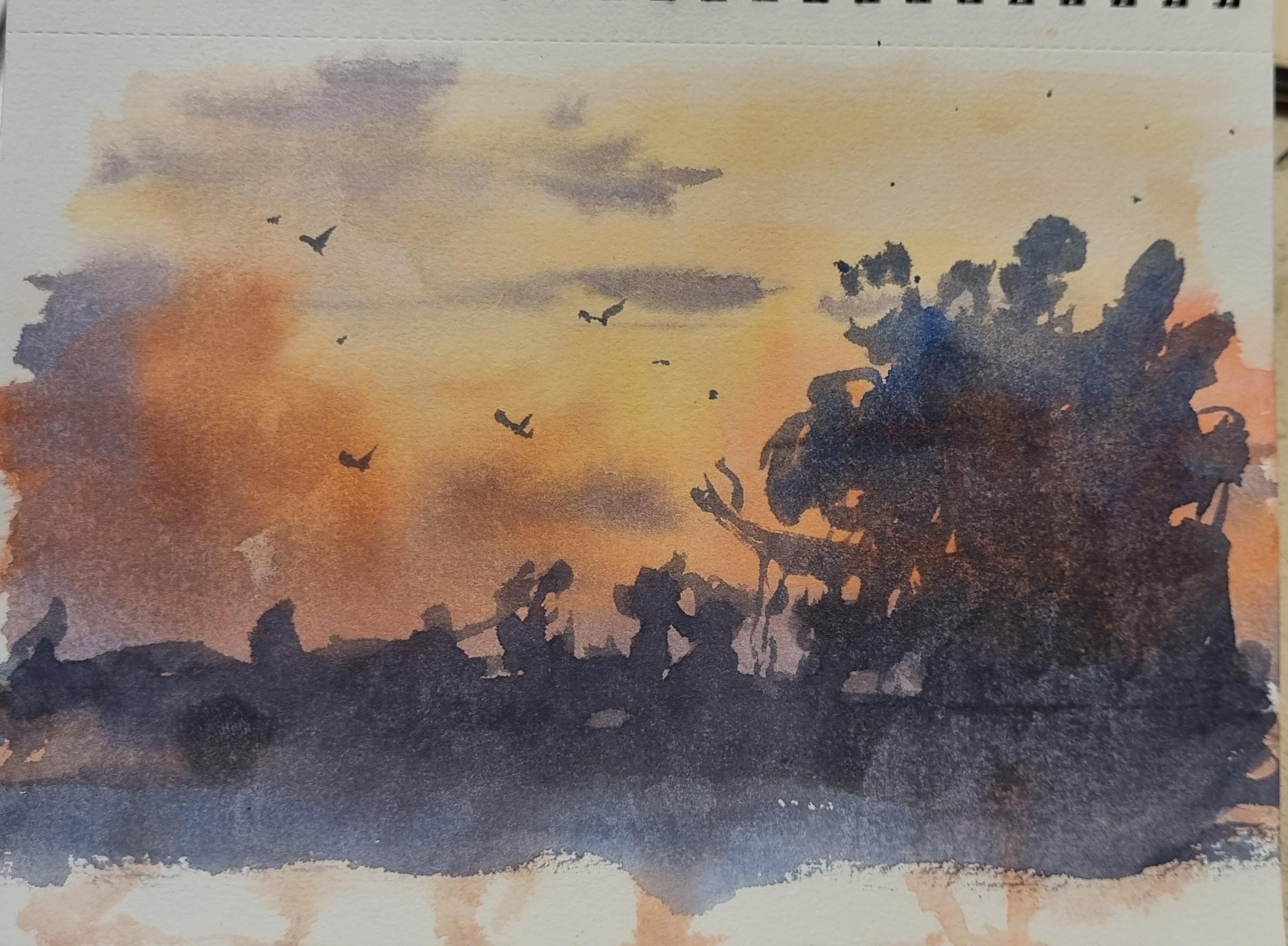 Loose watercolour painting of a sunset landscape. Painted by following a tutorial from NV Fine Arts on YouTube. 