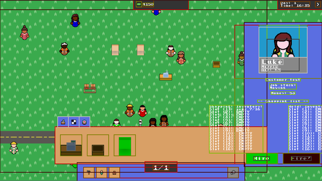 A chaotic debug screen from a video game.

Lots of peons and some randomly scattered shop pieces sit in a green field.

Various GUI elements and their respective bounding boxes overlay the scene, the bounding boxes are all colored depending on their depth and cross most of the screen.