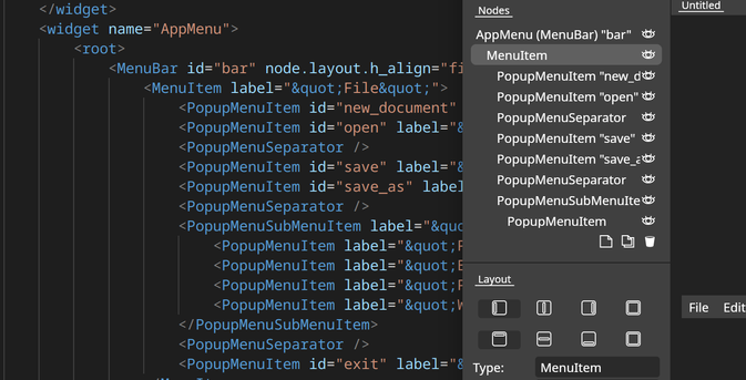 Screenshot of part of an editor window showing a component hiearchy, and behind it is part of a text editor showing the corresponding XML structure.