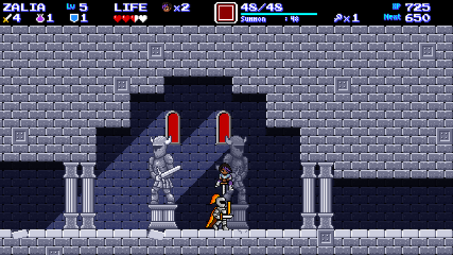 Screenshot of our game "Enigma Heart", a pixel art, side-scrolling Zelda II-style action adventure game. The main character, Zalia, is using Link's famous down-stab move on an armored knight enemy.