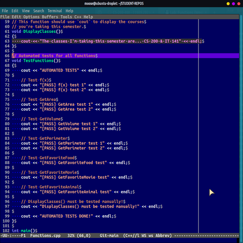 A bunch of cout statements displaying "PASS" with each of the tests, instead of actually running the pre-made tests I provided.