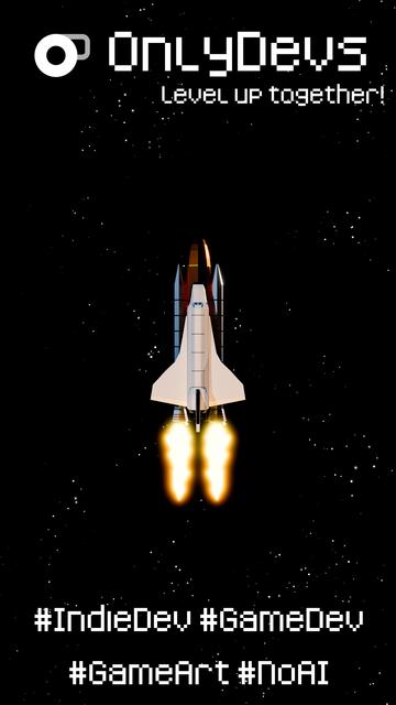 A launch 'poster' for #OnlyDevs showcasing low poly space shuttle launch, OnlyDevs logo and hashtags