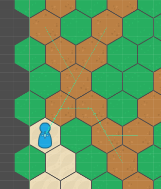 A screenshot of a blue piece on a hexagonal board with paths branching out showing the possible moves forward.