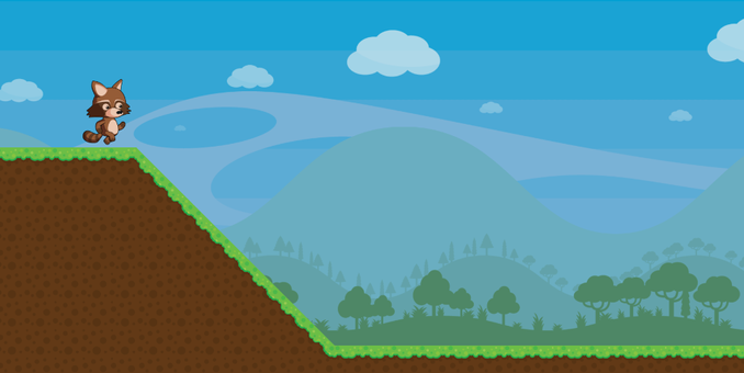 Screenshot of a raccoon character running along an auto-generated terrain, approaching the top of a slope.