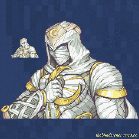 A 16-bit pixel art portrait of a man fully wrapped in white linen straps.  He is wearing a hood, cape, and armor all with linen texture and golden trim.  His eyes glow pale blue, and he's holding a crescent moon shaped blade in front of his chest.  His hood and gauntlet also have a crescent moon emblem on them.  The character is the Marvel Comics superhero Moon Knight.