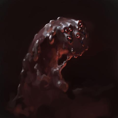 Digital painting of a creepy, oozy, worm like monster with multiple eyes