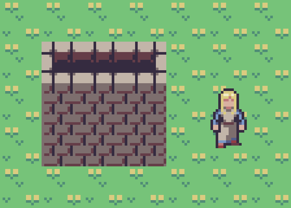 A section of stone wall and a character stand on a grass field.