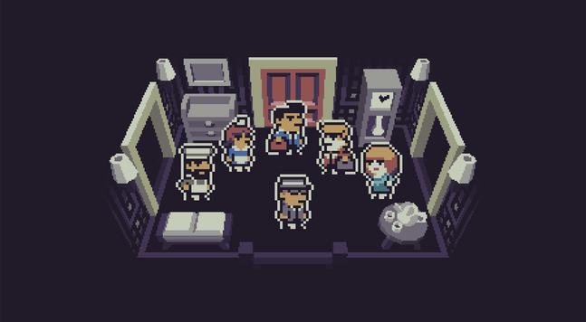 Screenshot from the demo of an upcoming mystery detective adventure game “Wright Files: Egerton’s Pickle”, showing all the characters that will appear in the demo. Main protagonist, Eugene Wright, stands in the middle, closest to the camera. Around him, from left to right, there's Rolf (chef), Heidi (maidservant), Manfred (butler), Charles (Eugene's close friend), and Vera (lady of the house and wife of the late Lord Egerton).