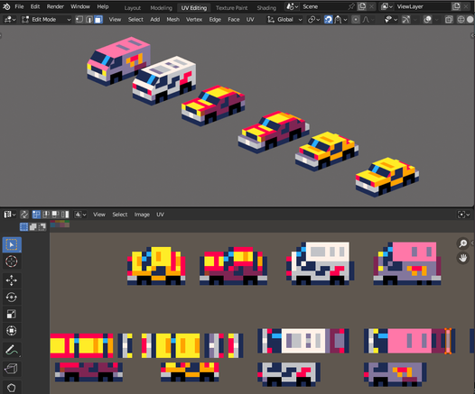 lowly pixel art cars in blender