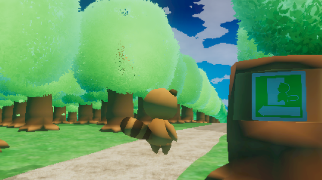 A lowpoly anthropomorphic tanuki is standing on a dirt path, their back turned to the camera. On each side of the path are some trees. In the lower right corner is a tree stump turned into a sign. The sign looks like an "Exit" sign but the usual green stick figure is replaced by the silhouette of a tanuki. At the bottom of the sign, an arrow points towards the path the tanuki is standing on.