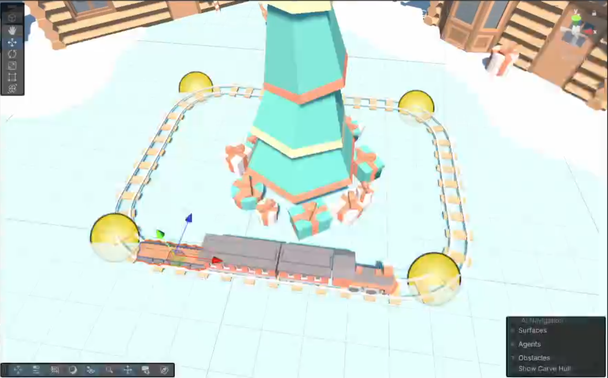 A cute 4-part train has been added to the cozy indie game, “Smol Havens”! The train tracks loop in a square around a large central Christmas tree with a collection of presents underneath! Yellow spheres indicate waypoints for the potential path of the train once the logic is added~