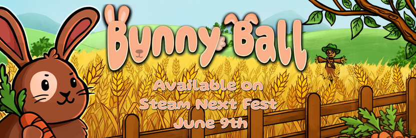 header image of the game bunny ball showing a cute bunny in front of a corn field, holding a carrot