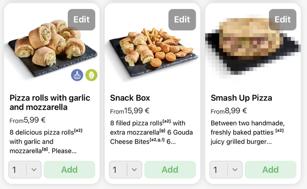 screenshot from the dominoes pizza menu.

Three items from left to right. The third one’s image is blurred out.

Pizza rolls with garlic and mozzarella
Snack Box
Smash Up Pizza